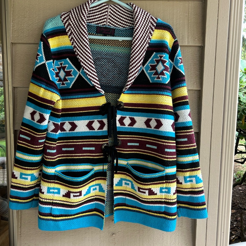 Cowgirl Legend cardigan sweater Tribal theme aqua/yellow